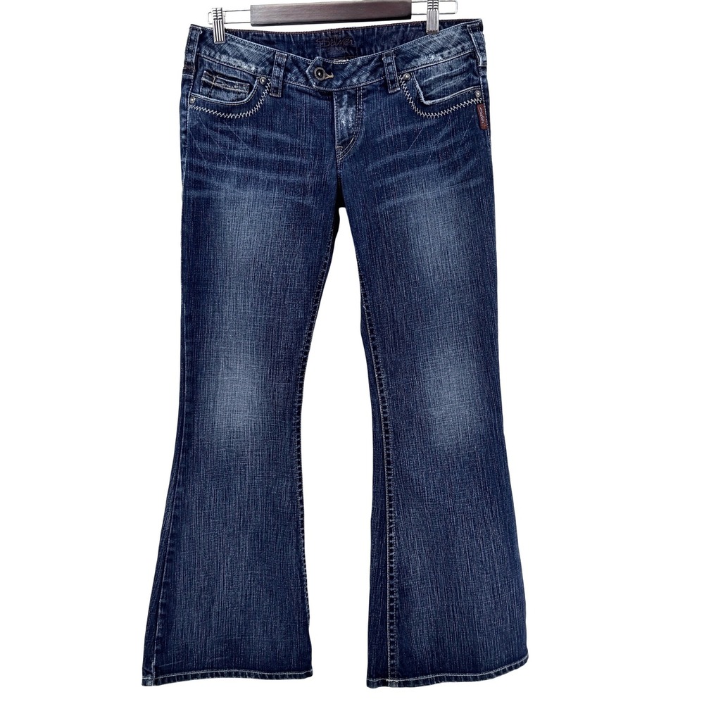 Silver Jeans Tuesday Flare Women 31x31 Dark Wash Low Rise Distressed - Picture 2 of 14
